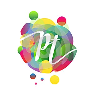 Letter PT logo with colorful splash background, letter combination logo design for creative industry, web, business and company