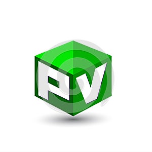 Letter PV logo in hexagon shape and green background, cube logo with letter design for company identity