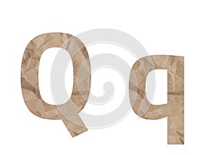 Letter Q alphabet font lettring isolated on white. Crumpled wrapping paper crease crack bruising. Isolate paper uppercase