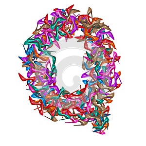 Letter Q, alphabet made of multicolored high heel shoes, woman footwear, 3d render on white background