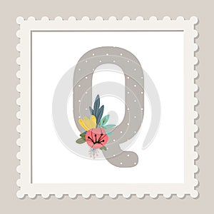 Letter Q with flowers. Floral alphabet font uppercase