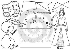 Letter Q. Learning English alphabet. Writing practice