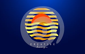Letter Q logo design with golden lines and red half circle. Vector illustration with wavy and sunset lines on a dark blue