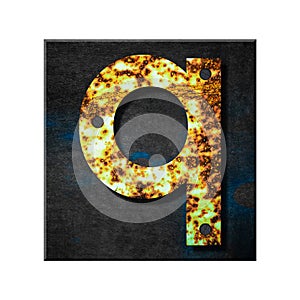 Letter q. Lower case. Alphabet from letters, from rusty iron, on a wooden plank. Isolated on white background. Education