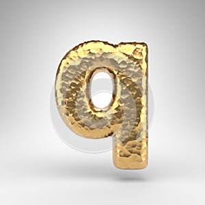 Letter Q lowercase on white background. Hammered brass 3D letter with shiny metallic texture