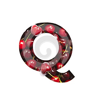 Letter Q made of red berries and paper cut isolated on white. Cherries alphabet. Typeface for bio organic food market