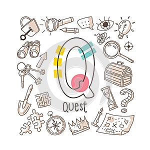 Letter Q - Quest, cute alphabet series in doodle style