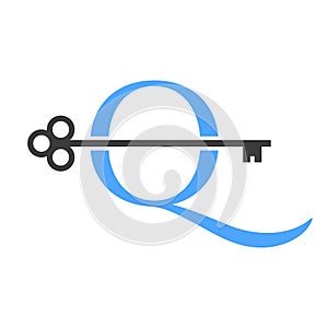 Letter Q Real Estate Logo Concept With Home Lock Key Vector Template. Luxury Home Logo Key Sign