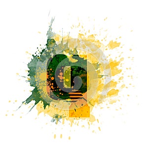 Letter Q typography design, dark green and yellow ink splash grunge watercolor splatter, isolated on white, grungy backgro photo