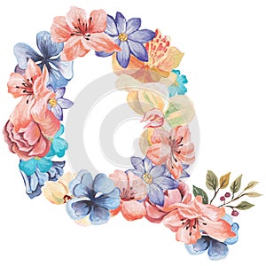 Letter Q of watercolor flowers, isolated hand drawn on a white background, wedding design, english alphabet