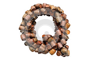 Letter Q from wooden barrels, 3D rendering