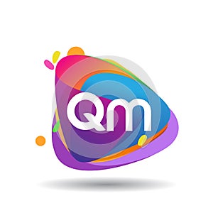 Letter QM logo with colorful splash background, letter combination logo design for creative industry, web, business and company