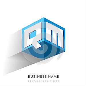 Letter QM logo in hexagon shape and blue background, cube logo with letter design for company identity
