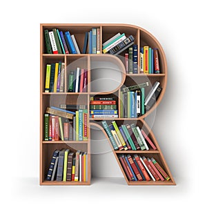 Letter R. Alphabet in the form of shelves with books isolated on