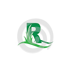 Letter R behind a green grass icon logo design vector