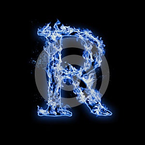 Letter R. Blue fire flames on black