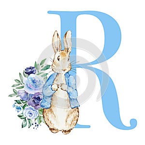 Letter R blue with watercolor cute rabbit with flowers
