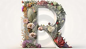 letter R built with flowers of different types and colors. valentine's day, environment day, nature, love, generative ai