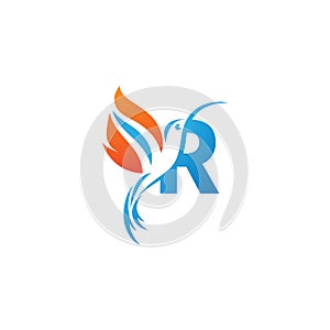 Letter R combined with the fire wing hummingbird icon logo