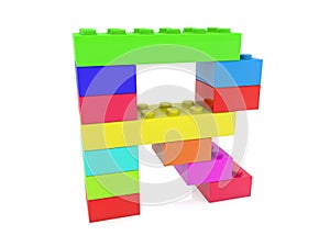 The letter R is composed of toy bricks of different colors on white