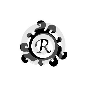 Letter R Decorative Alphabet Logo isolated on white Background. Elegant Curl & Floral Logo Concept. Luxury black Initial Abjad