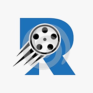 Letter R Film Logo Concept With Film Reel For Media Sign, Movie Director Symbol Vector Template