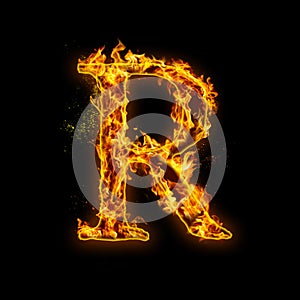 Letter R. Fire flames on black isolated background