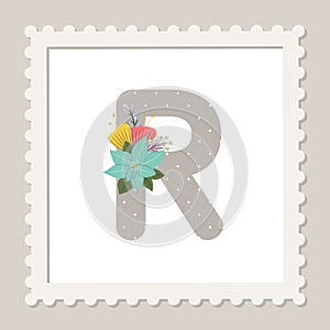Letter R with flowers. Floral alphabet font uppercase