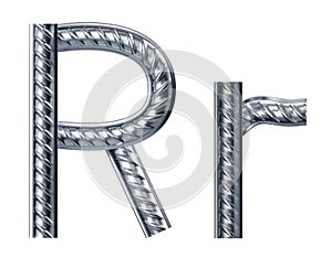 Letter r. font from construction rebar. 3D render photo