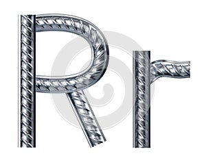 Letter r. font from construction rebar. 3D render