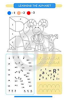 Letter R and funny cartoon ram. Animals alphabet a-z. Coloring page. Printable worksheet. Handwriting practice. Connect the dots.