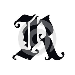 Letter R, in the Gothic style. Vector. Alphabet. The symbol is isolated on a golden background. Calligraphy and lettering.