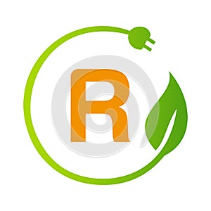 Letter R Green Energy Electrical Plug Logo Template. Electrical Plug Sign Concept with Eco Green Leaf Vector Sign