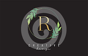 Letter R logo design with uppercase, leaf details, golden outline leaves and circle frame. Vector Illustration with Botanical