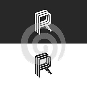 Letter R logo isometric emblem RRR symbol mockup, black and white monogram hipster design element template. Perspective linear