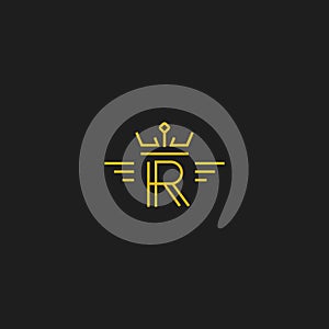 Letter R logo in monoline line style gold color icon with crown and wing