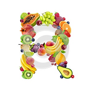 Letter R made of different fruits and berries, fruit alphabet isolated on white background