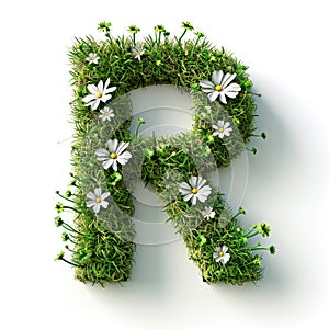 A letter r made out of grass and flowers