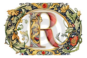 letter r, medieval manuscript style, on white background