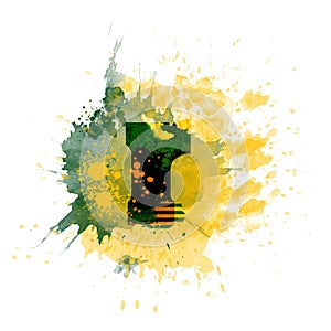 Letter R typography design, dark green and yellow ink splash grunge watercolor splatter, isolated on white, grungy backgro photo