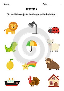 Letter recognition for kids. Circle all objects that start with L.