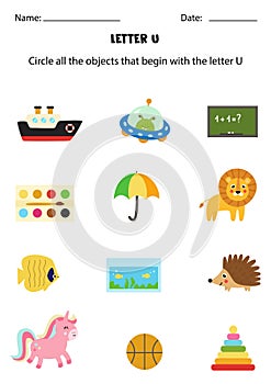 Letter recognition for kids. Circle all objects that start with U.