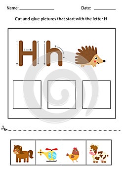 Letter recognition for kids. Cut and glue. Letter H.