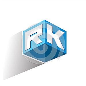 Letter RK logo in hexagon shape and blue background, cube logo with letter design for company identity