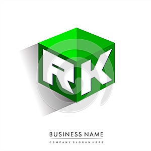 Letter RK logo in hexagon shape and green background, cube logo with letter design for company identity