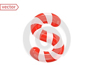 Letter S. 3d Symbol in white color intertwined with a red ribbon. Letter like Candy Cane in cartoon style. Glossy object isolated