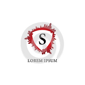 Letter S alphabet logo design template. Splash of blood with shield shape in the midle. Insurance, Protection, horror, security.