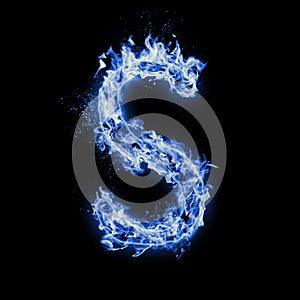 Letter S. Blue fire flames on black