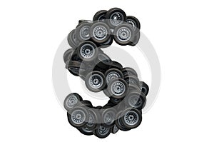 Letter S from car wheels, 3D rendering
