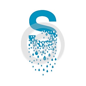 The letter S dissolves into droplets. Drops of liquid fall out as precipitation. Destruction effect. Dispersion photo